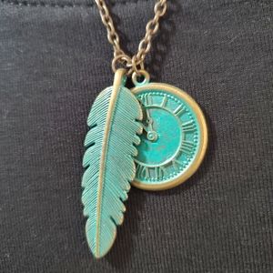 Boho Feather Clock Necklace Turquoise Patina Pendant Vintage Style Statement